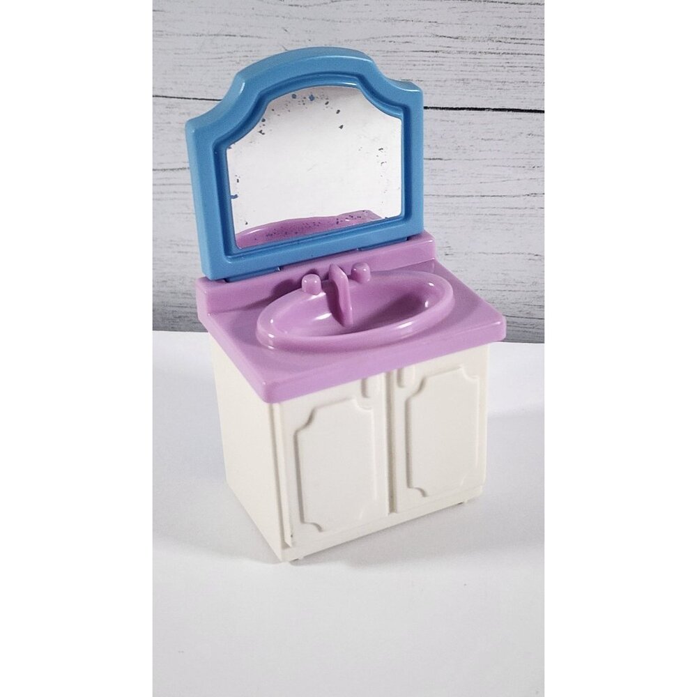 VINTAGE LITTLE TIKES DOLLHOUSE BATHROOM FURNITURE VANITY SINK BLUE PURPLE MIRROR